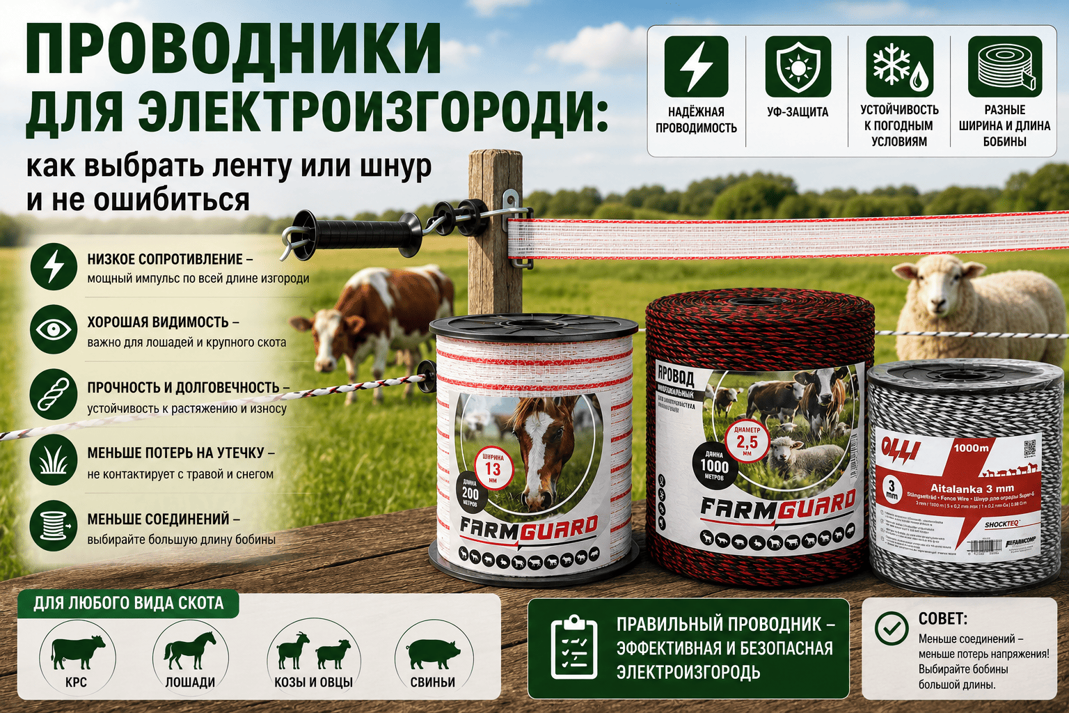  ленты и шнуры Farmguard (в ассортименте представлены провода, ленты и сетки для электроизгородей для КРС, овец, коз, свиней и лошадей, а также комплектующие вроде ворот и калиток) и Olli