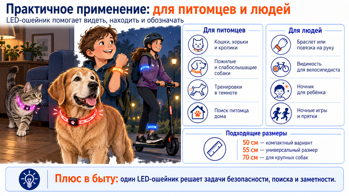 Практичное применение: для питомцев и людей LED-ошейник помогает видеть, находить и обозначать