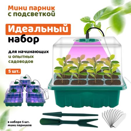 Мини парник с подсветкой HobbyFarm, 12 ячеек, набор кассет для рассады, 5 шт.