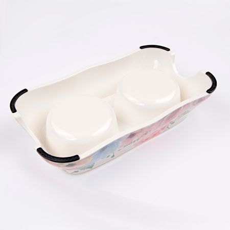 Миска двойная со съемными металлическими чашами, 27x15x6 см, 150+150 мл, розовый, цветы