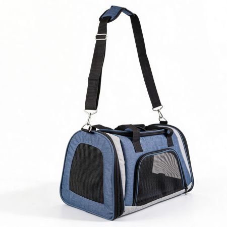 Сумка переноска складная для собак и кошек 46х28х29 см, синий/серый