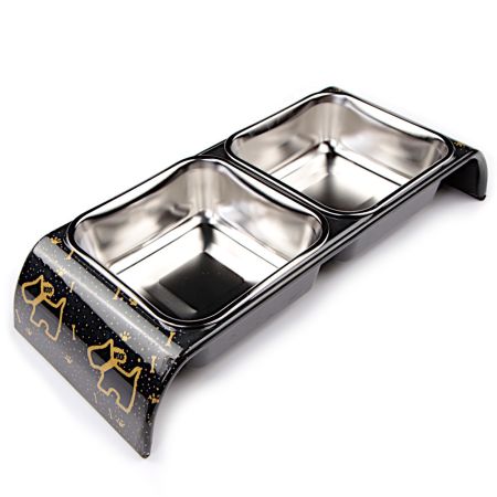 Миска двойная, 30x12x4.5 см, 300+300 мл, собака, черный