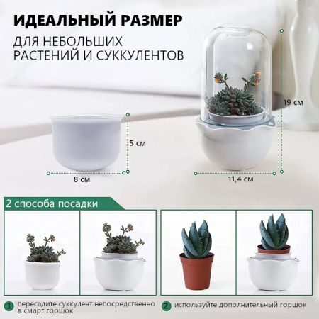 Умный горшок для суккулентов HobbyFarm с вентиляцией, LED подсветкой и таймером