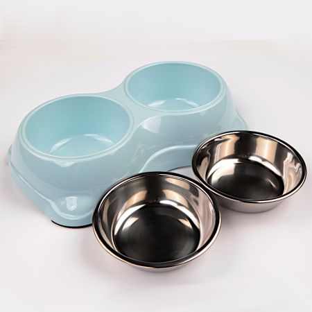 Миска двойная для кошек и собак со съемными металлическими чашами, 26.5x15.5x6 см, 150+150 мл, голубой