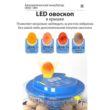 Инкубатор HHD 18H автоматический для яиц 220В/12В от сети и аккумулятора, с овоскопом на 18 яиц