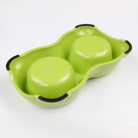 Миска двойная для кошек и собак со съемными металлическими чашами, 26.5x15.5x6 см, 150+150 мл, зеленый