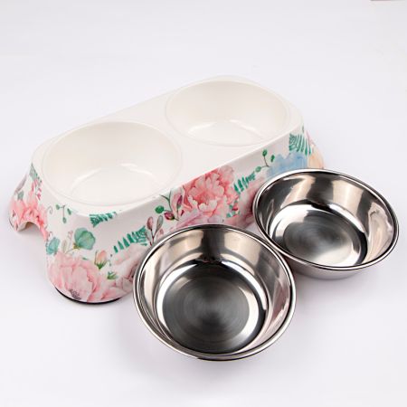 Миска двойная со съемными металлическими чашами, 27x15x6 см, 150+150 мл, розовый, цветы