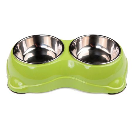 Миска двойная для кошек и собак со съемными металлическими чашами, 26.5x15.5x6 см, 150+150 мл, зеленый