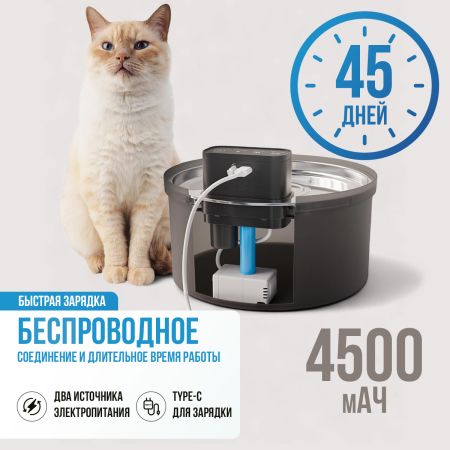 Автопоилка фонтан Petzengo PW-1 3,2 л беспроводной с датчиком движения, нержавеющая сталь, подсветка, для кошек и собак, черная