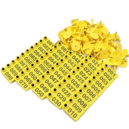 Бирка двойная 50х18 мм с номером, жёлтая, прямоугольная, 100 шт. для свиней, коз, овец, собак и других животных