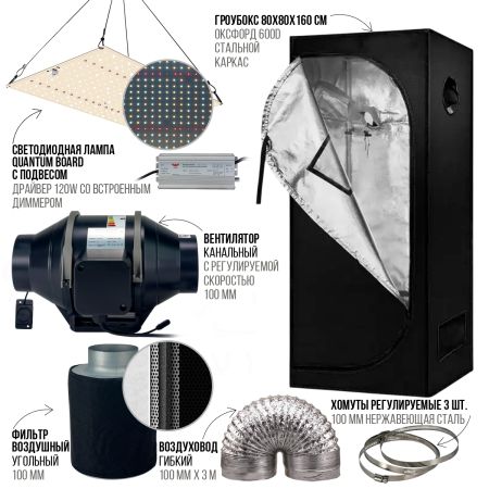 Гроубокс под ключ HobbyFarm 80x80x160 см Оксфорд 600D cтальной каркас, лампа QUB 120W