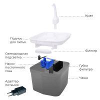 Автопоилка фонтан Petwant PW-111 2 л с подсветкой и краном для кошек и собак, серый Автопоилка фонтан Petwant PW-111 2 л с подсветкой и краном для кошек и собак, серый