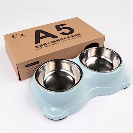 Миска двойная для кошек и собак со съемными металлическими чашами, 26.5x15.5x6 см, 150+150 мл, голубой
