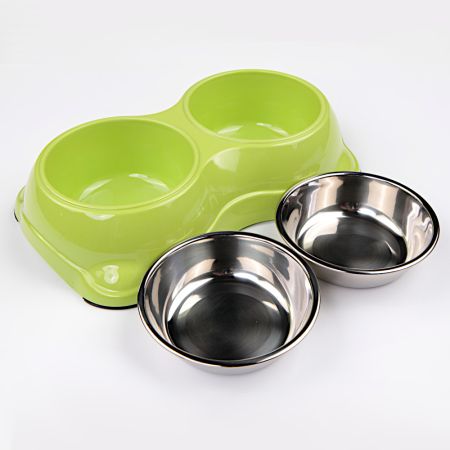 Миска двойная для кошек и собак со съемными металлическими чашами, 26.5x15.5x6 см, 150+150 мл, зеленый
