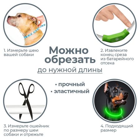 Ошейник светящийся светодиодный для собак с USB зарядкой 55 см, прозрачный с зеленым