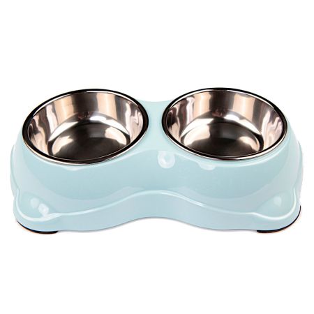 Миска двойная для кошек и собак со съемными металлическими чашами, 26.5x15.5x6 см, 150+150 мл, голубой