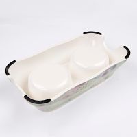 Миска двойная со съемными металлическими чашами, 27x15x6 см, 150+150 мл, зеленый, цветы Миска двойная со съемными металлическими чашами, 27x15x6 см, 150+150 мл, зеленый, цветы