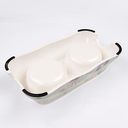 Миска двойная со съемными металлическими чашами, 27x15x6 см, 150+150 мл, зеленый, цветы