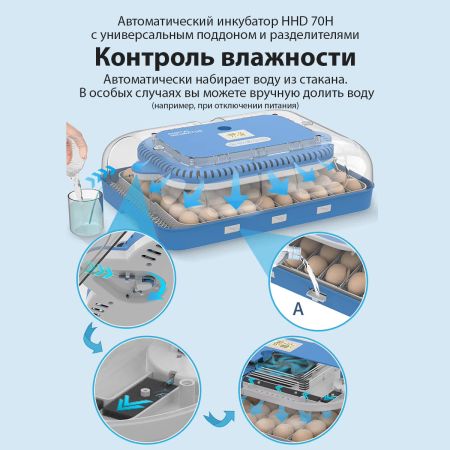 Инкубатор HHD 70H автоматический на 70 яиц, с контролем влажности и овоскопом на 220В/12В от сети и аккумулятора