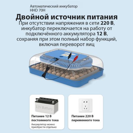 Инкубатор HHD 70H автоматический на 70 яиц, с контролем влажности и овоскопом на 220В/12В от сети и аккумулятора