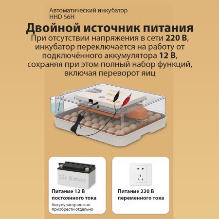 Инкубатор HHD 56H автоматический с контролем влажности и овоскопом на 220В/12В от сети и аккумулятора на 56 яиц