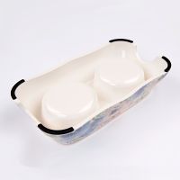 Миска двойная со съемными металлическими чашами, 27x15x6 см, 150+150 мл, синий, цветы