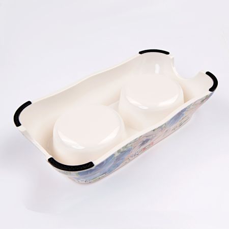 Миска двойная со съемными металлическими чашами, 27x15x6 см, 150+150 мл, синий, цветы