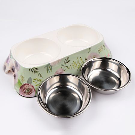 Миска двойная со съемными металлическими чашами, 27x15x6 см, 150+150 мл, зеленый, цветы