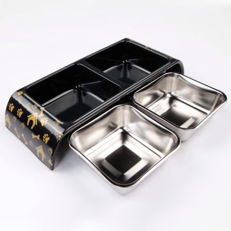 Миска двойная, 30x12x4.5 см, 300+300 мл, домик, черный